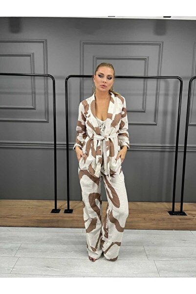 MENDY Patterned Linen Loose Trousers - Jacket Set