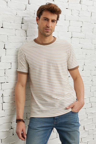 AC&Co / Altınyıldız Classics Men's Beige-white Slim Fit Slim Fit Crew Neck 100% Cotton Striped T-Shirt
