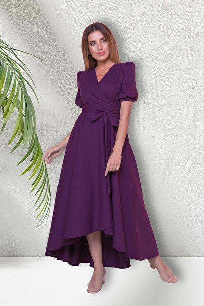 Bidoluelbise Kadın Asimetrik Kesim Kruvaze Yaka Kısa Kol Abiye Elbise