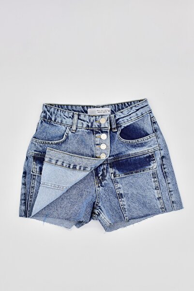 Pissos Düğme Ve Cep Detaylı Mavi Kot Şort Etek