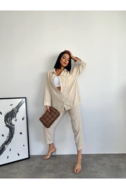 S&A Collectionn Γυναικείο Slim-Fit Παντελόνι Loose Πουκάμισο Διπλό Λινό Σετ Μπεζ