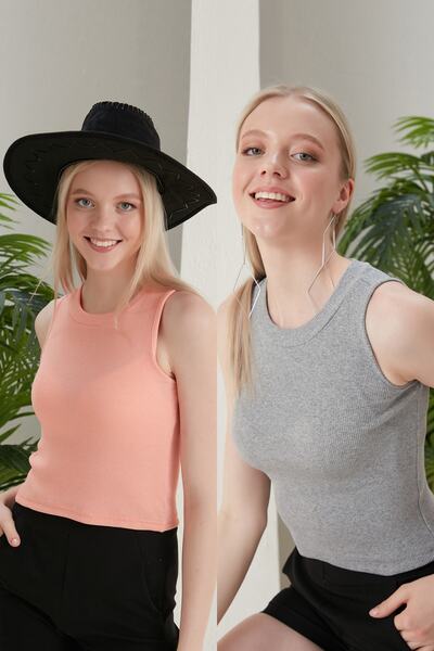 CATSPY Дамска блуза от 2 части с къс халтер яка в сьомгово сиво