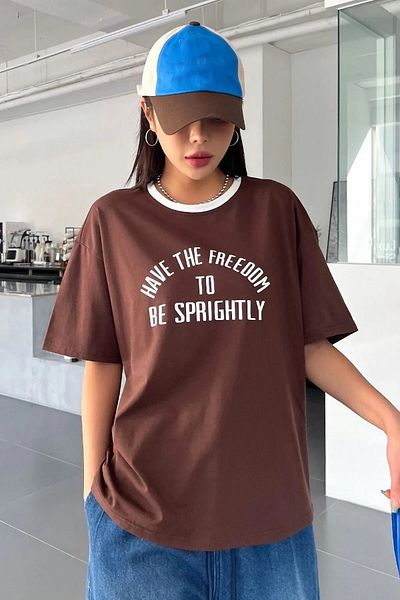 Keywest Μπλουζάκι Coffee Neck White Freedom με στάμπα Oversize Crew Neck