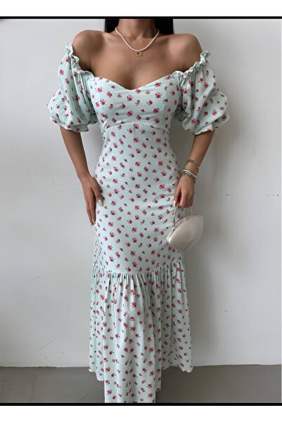 MİNEL ALA MODA KALP YAKA BALON KOL ÇITIR ÇİÇEK DESENLİ ELBİSE