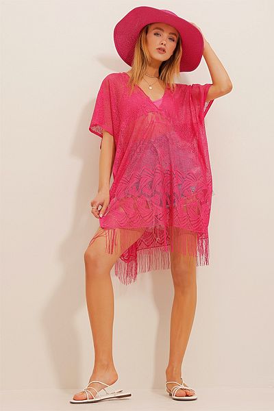Trend Alaçatı Stili Fuchsiafarbener Spitzen-Kimono mit Quasten für Damen ALC-X10522