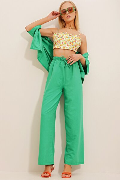 Trend Alaçatı Stili Női zöld elasztikus derék, laza szabású aerobin nadrág ALC-X6625