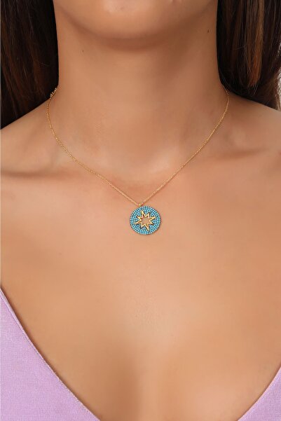 Bilsen Store 925 Ayar Gümüş Zincirli Altın Kaplama Firuze Taşlı Kutup Yıldızı...