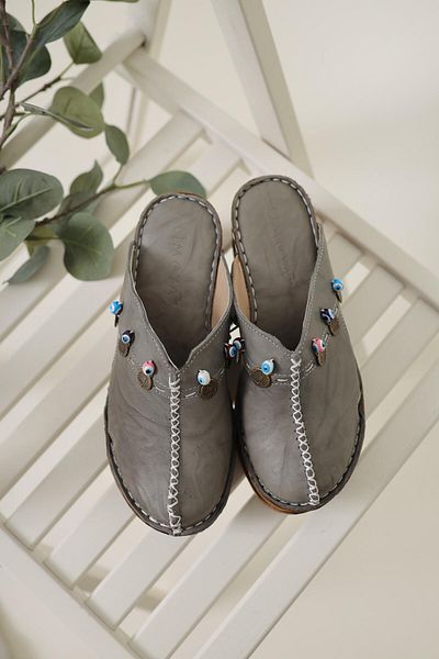 Limoya Genuine Leather Annika Gray Antique Detailed Wedge Sabo Women's Slippers