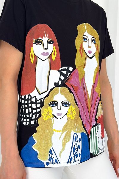 FEMELLE Tricou de damă negru din bumbac imprimat New Season