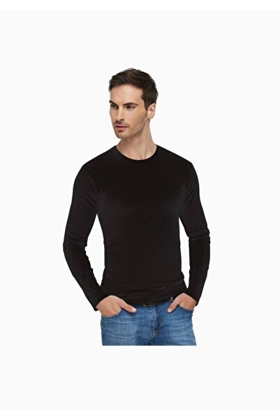 Tutku Elit Men's Black Elastane Crew Neck Long Sleeve Undershirt 1 Piece