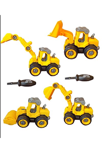 PopŞeker Oyuncak Sök Tak İş Makinaları 4'lü Set Dozer, Kepçe, Silindir, Yol D...