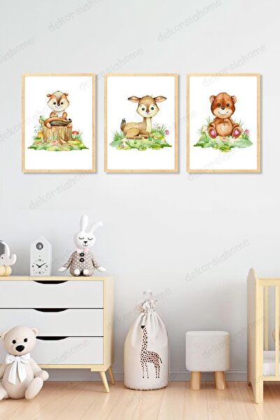 Dekorsiahome Комплект от 3 дървени рамки за детска стая с картини „Животни в ...