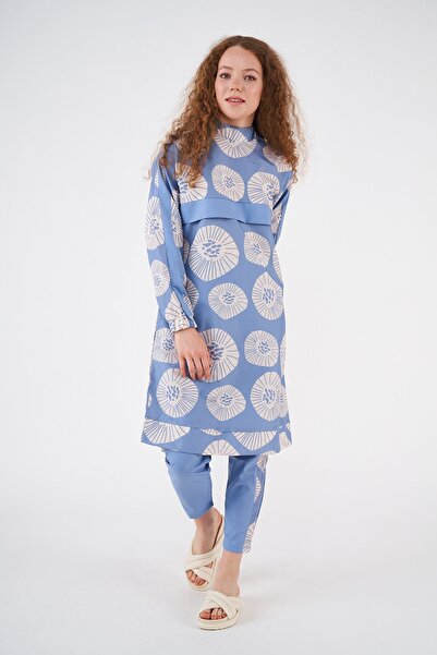 Mevra Pervane Desen Tesettür Mayo İndigo Uzun