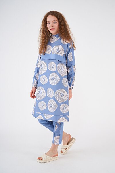 Mevra Pervane Desen Tesettür Mayo İndigo Uzun