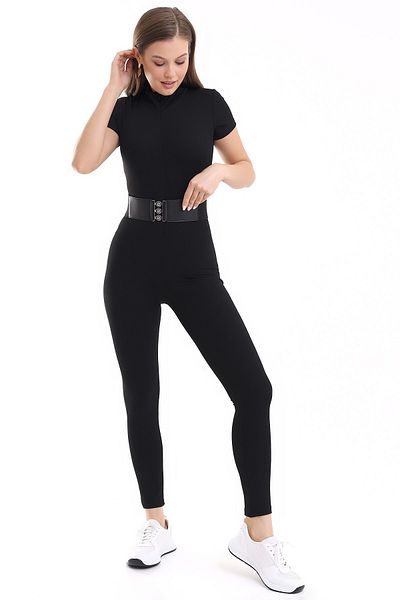MBYCLUB Women's Black Plain Half Zip Short Sleeve Sports And Casual Body Jumpsuit