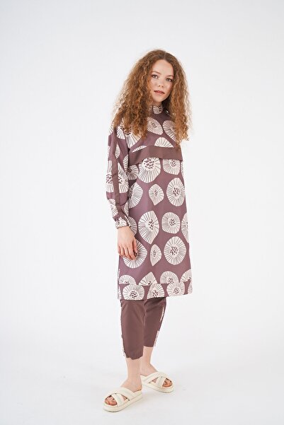 Mevra Pervane Desen Tesettür Mayo Kahverengi Uzun