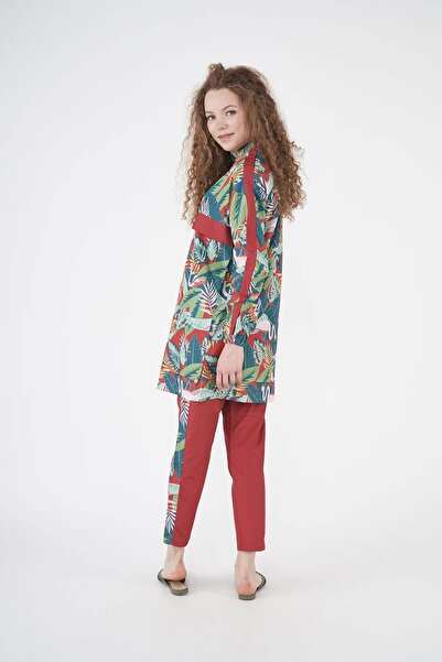 Mevra Flamingo Desen Tesettür Mayo Kırmızı Kısa