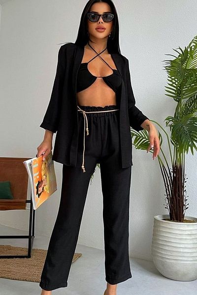 lovebox Women's Black Jacket Elastic Waist Trousers Double Suit 200028