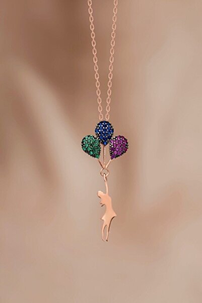 KAR DİAMOND 925 Ayar Gümüş Zincirli Rose Kaplama Renkli Taşlı Balonlu Kız Kolye