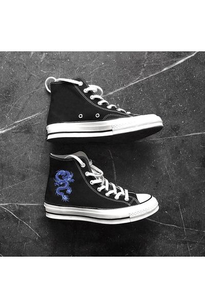 Touz Blunt Blunt Blue Dragon Printed Black Pantofi de pânză unisex