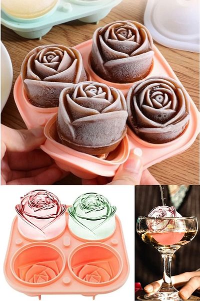Kaşbaşı Home 4-Piece Rose Shaped Ice Mold 3D Cute Cocktail Ice Rose Silicone Large Ice Balls
