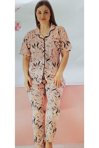 Lila Women's Battal Front Buttoned Floral Viscose Combed Cotton Pajama Set