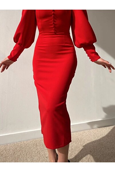 OlaLady Button Detailed Midi Pencil Dress Red