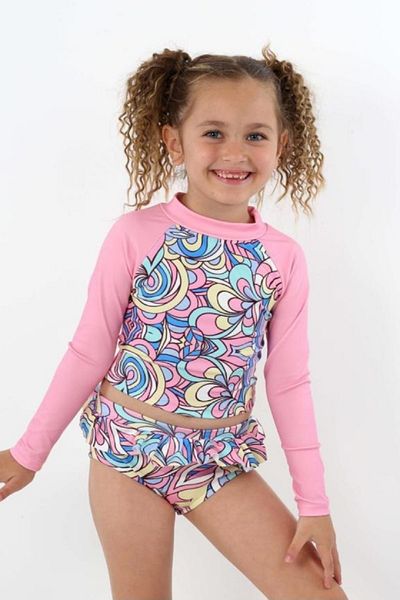 PODİUM GİYİM Trend New Digital Printed UV-Sun Protection Long Sleeve Crop Top Mini Skirt Ruffle Bikini Set