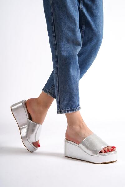 Modabuymus Queen Silver Glitter Wedge Heeled Slippers