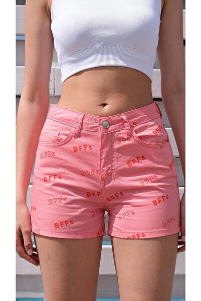 CHUBA Women's 100% Cotton Print Detailed Straight Cut Mini Shorts Pink 23S1032