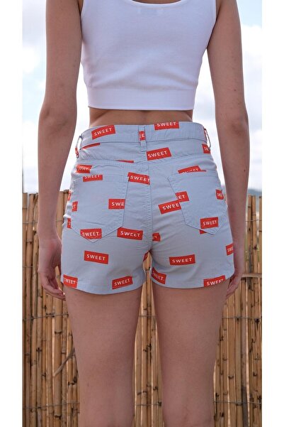 CHUBA Women's 100% Cotton Print Detailed Straight Cut Mini Shorts Light Blue 23S1032