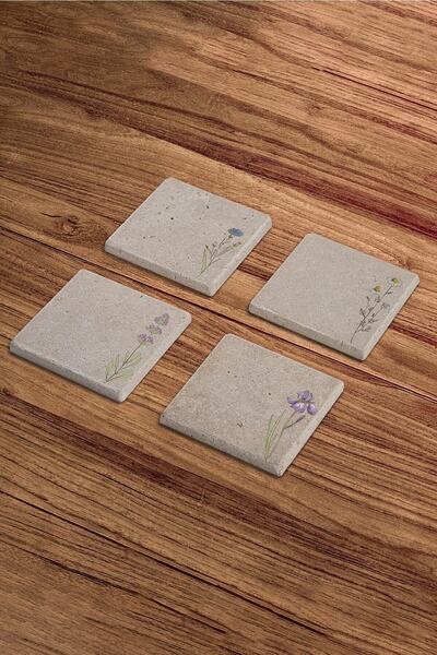 Baumatelier Minimal Floral Design Natural Stone Travertine Coasters Set of 4