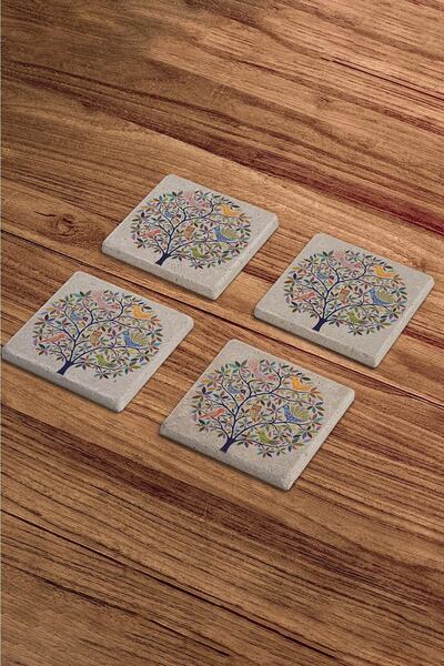 Baumatelier Birds and Tree of Life Themed Natural Stone Travertine Coasters Set of 4
