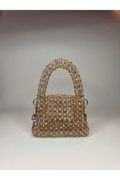 Jasmine Crystal Bag Γυναικεία βραδινή τσάντα φορέματος Jasmine Champagne Mini Cream Color Bead Strap Hand and Shoulder