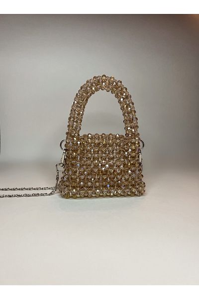 Jasmine Crystal Bag Γυναικεία βραδινή τσάντα φορέματος Jasmine Champagne Mini Cream Color Bead Strap Hand and Shoulder