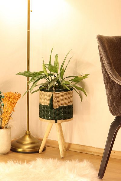Monchi 26cm Foot Dark Green Jute Braided Wicker Basket - Wooden Flower Pot