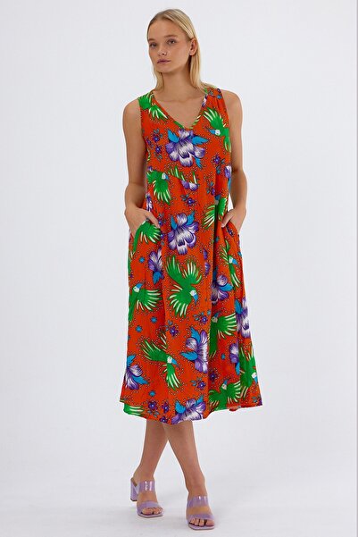 AYASOFYA OTANTIK Rochie de damă, portocalie, cu decolteu în V, fără mâneci