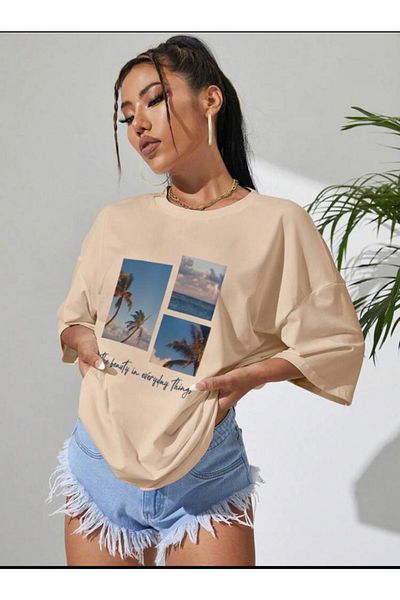 SELENA BUTİK Υπερμεγέθη Unisex καλοκαιρινό εμπριμέ μπεζ μπλουζάκι