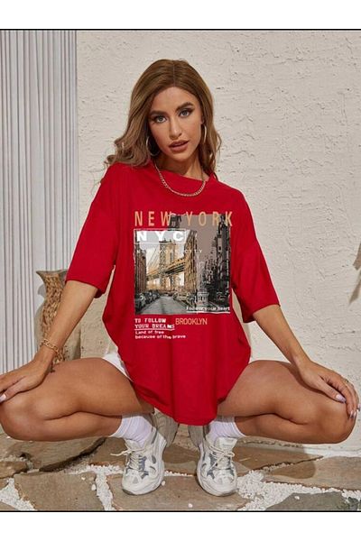SELENA BUTİK Oversize Unisex Nyc Printed Red T-Shirt