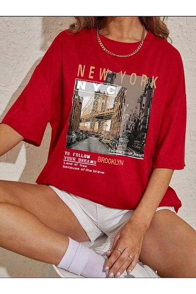 SELENA BUTİK Oversize Unisex Nyc Printed Red T-Shirt