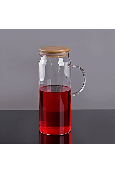 Asil Konsept 1500 ml Bambu Vakumlu Kapaklı Ölçülü Cam Sürahi Uzun Yuvarlak Sü...