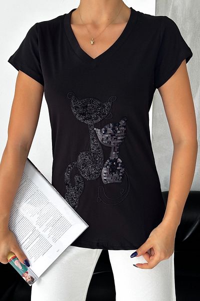FEMELLE Tricou din bumbac, din nou sezon, brodat cu paiete neagră pentru femei