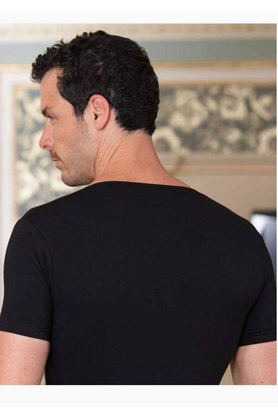 Şahinler Men's Black Wide Collar Short Sleeve Single Jersey T Shirt M 6 Pieces
