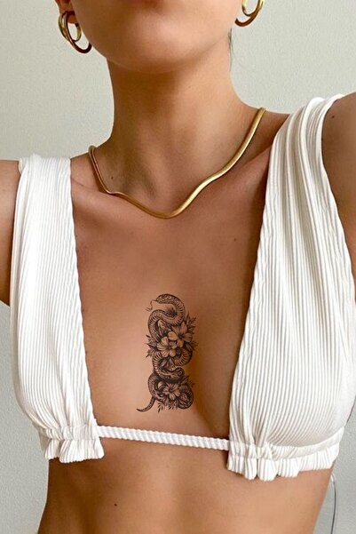 BiWini Yılan Ve Gül Snake And Rose Göğüs Arası Geçici Dövme Tattoo