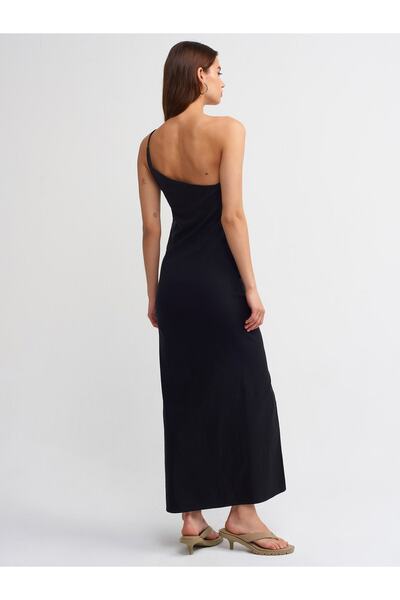Dilvin 90751 Asimetrik Drapeli Elbise-Siyah