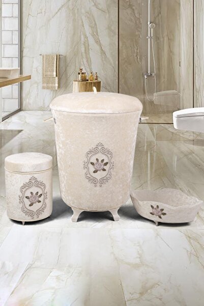 Teksev Σετ καλάθια βρώμικου ρούχου μπάνιου με δαντέλα βελούδινη 3 τεμαχίων Vizon | Σετ μπάνιου