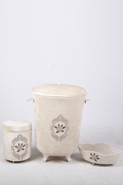 Teksev Σετ καλάθια βρώμικου ρούχου μπάνιου με δαντέλα βελούδινη 3 τεμαχίων Vizon |   Σετ μπάνιου