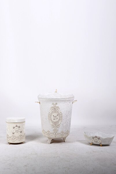 Teksev Σετ καλάθια βρώμικων ρούχων μπάνιου Lisa Cream 3 τεμαχίων με βελούδινη δαντέλα |   Σετ μπάνιου