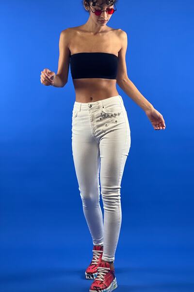 Miss Poem White High Waist Stone And Pearl Embroidered Jeans Skinny Denim Pants 100% Cotton