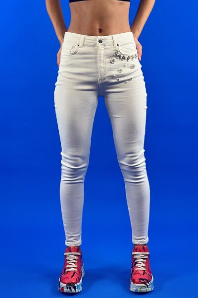Miss Poem White High Waist Stone And Pearl Embroidered Jeans Skinny Denim Pants 100% Cotton